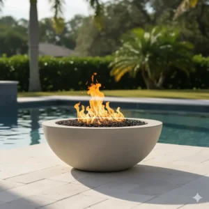Contemporary GFRC (Glass Fiber Reinforced Concrete) fire bowl for pools placed on a surrounding deck for ambient outdoor warmth.