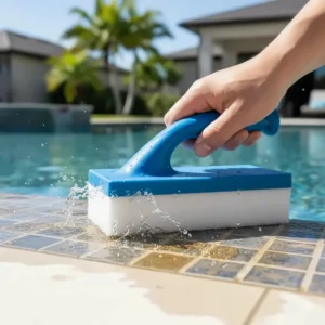 Handheld pool tile scouring pad brush with a comfortable grip for aggressive scrubbing of waterline scum and oils without damaging the tile surface.