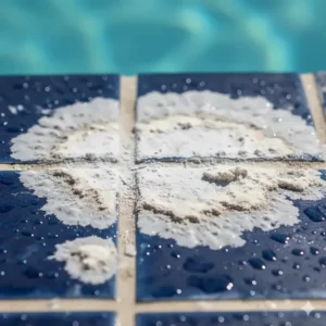 Close-up of heavy calcium scale or silicate buildup on blue pool tile at the waterline, illustrating the need for a strong calcium remover.