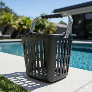 Image of a durable, heavy-duty pool skimmer basket featuring a strong handle for a long service life in inground pools.