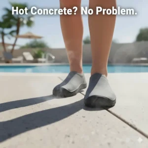 A person walking across a very hot, sun-baked concrete pool patio, their feet protected by durable water shoes.