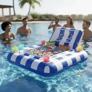 Large inflatable floating cooler with multiple built-in cup holders, perfect for a relaxed pool party or calm lake day.