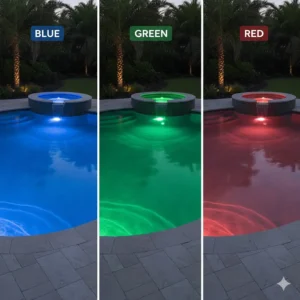 Side-by-side comparison of an inground pool lit with different color-changing underwater lights (blue, green, red).