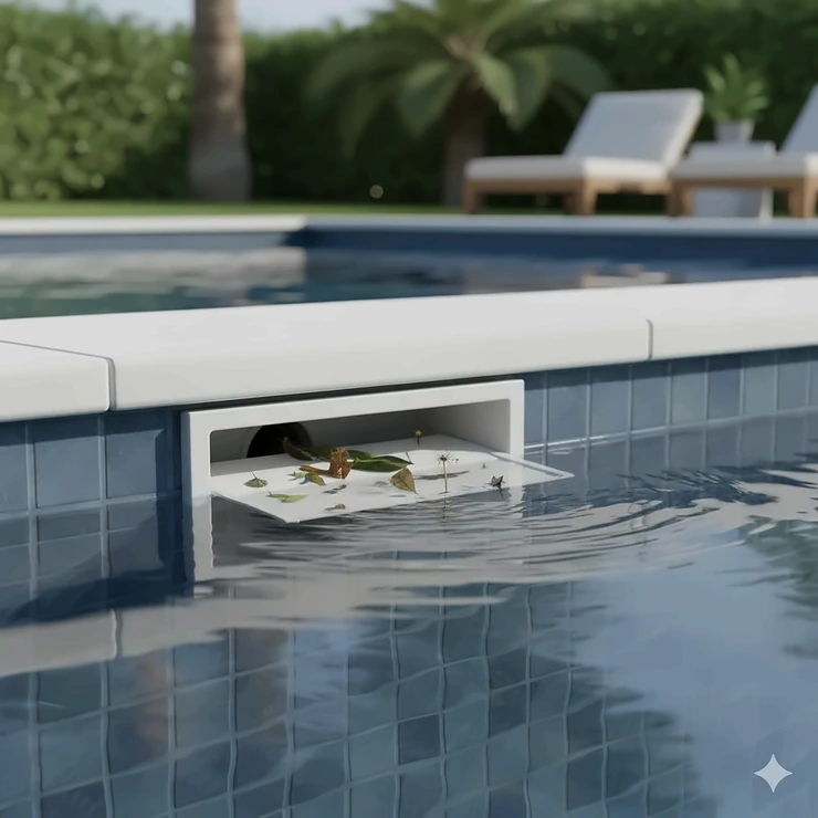 A wide-mouth built-in pool skimmer efficiently collecting leaves and floating debris from the water's surface in a clean, blue inground pool. pool skimmers