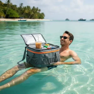Lightweight, soft-sided backpack floating cooler being used as a personal drink carrier while floating in the water.
