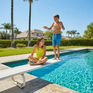 Two children laughing and playing on a pool diving board during a sunny summer day.
