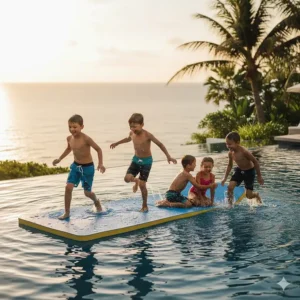Illustration showing children safely playing and running on a multi-person floating pool mat for water recreation.