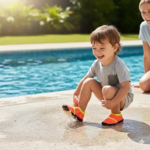 A child happily playing near a pool, wearing brightly colored water shoes to protect their feet from rough surfaces and hot concrete.