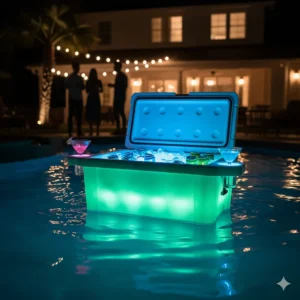 Illuminated LED floating cooler centerpiece lighting up a pool area at night, providing cold drinks and ambient light.