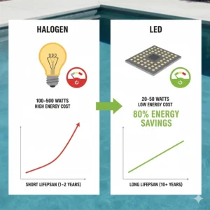 Graphic showing the difference in energy consumption between old halogen and new LED underwater pool lighting.
