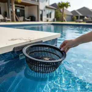 Skimmer basket specifically for vinyl liner inground pools, designed to protect the liner from tearing during maintenance.