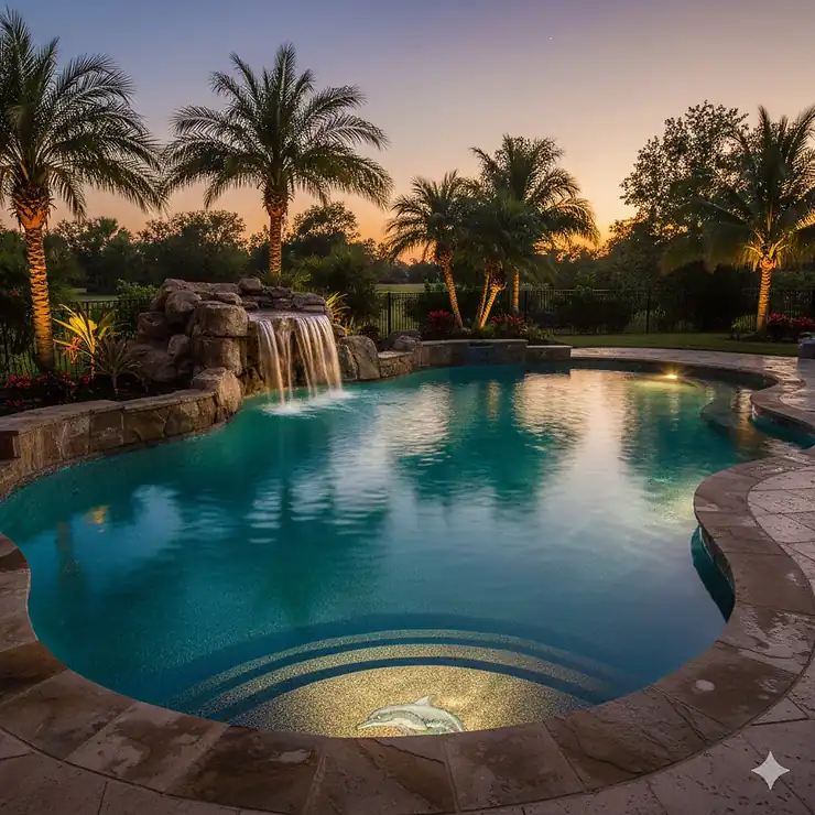 A stunning inground swimming pool illuminated at night by bright blue underwater LED lights.