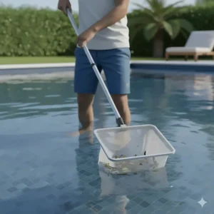 A person using a long-handled, handheld pool skimmer net to manually scoop floating debris, like bugs and small leaves, from the pool surface.