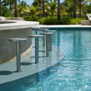 Sleek, stainless steel bar stools pool installation along the edge of a custom swimming pool, offering a permanent and durable seating solution.