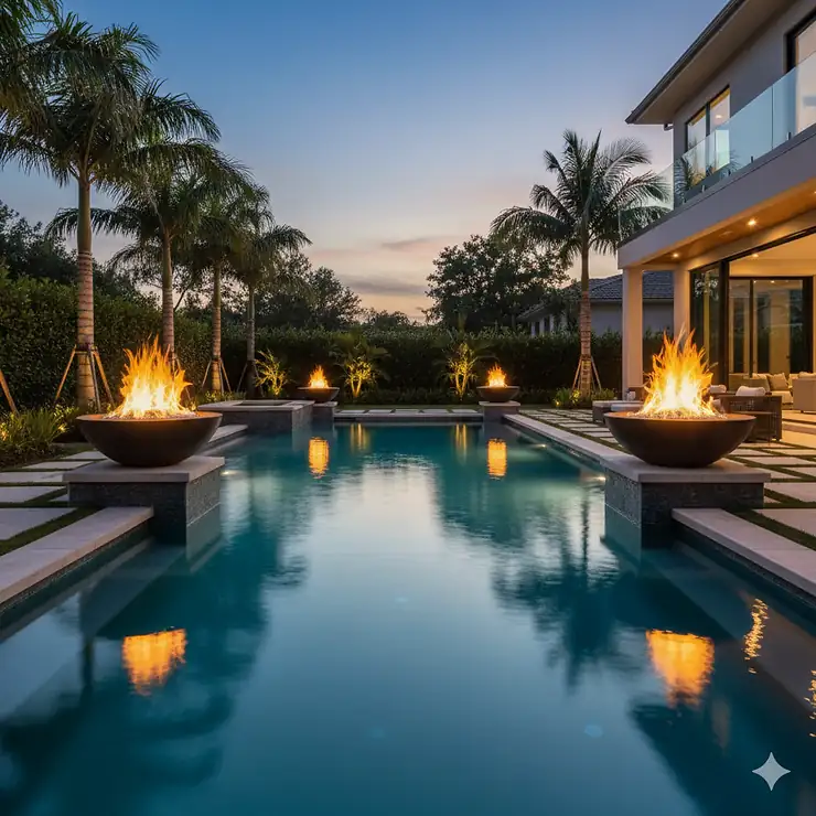 Stunning backyard oasis with two large, illuminated fire bowls for pools creating a dramatic, warm glow over the water at night.