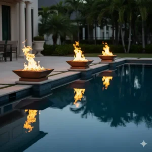 Array of three symmetrical fire bowls for pools lining the edge, providing a sophisticated, dramatic architectural accent to the landscape.