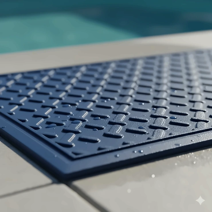 Close-up of the textured, non-slip surface of a pool ladder pad. ladder mats for pools