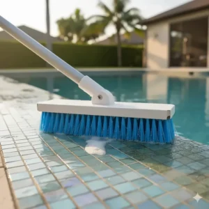 Close-up of a soft nylon bristle pool tile cleaning brush ideal for gentle, daily maintenance on delicate glass or porcelain tiles.