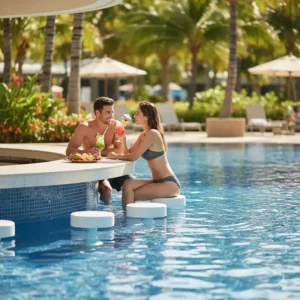 Two people enjoying a refreshing drink while sitting comfortably on submerged pool bar stools at a swim-up bar counter.