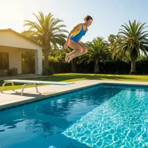 A person in mid-air jumping off a flexible pool diving board into clear water.