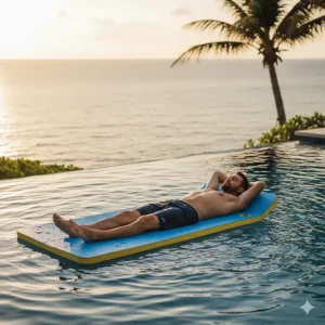 Cartoon illustration of an adult comfortably relaxing on a thick, buoyant floating pool mat in a swimming pool.