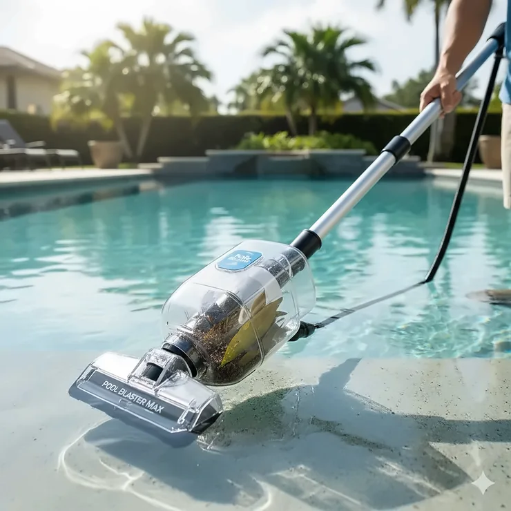 A powerful Pool Blaster Max cordless pool vacuum being used to clean the bottom of an inground swimming pool.