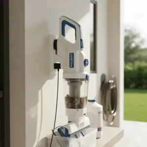 The Pool Blaster vacuum unit attached to its wall mount charger, ready for the next use.