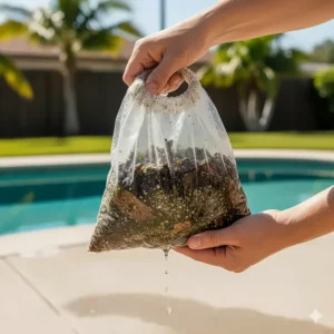 A person holding the Pool Blaster's reusable, easy-empty filter bag, showing collected dirt and debris.