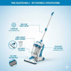 Diagram highlighting the key specifications and features of the Pool Blaster Max Li battery-powered pool vacuum.