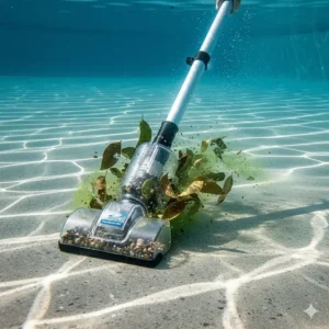 Close-up of a Pool Blaster vacuum head effectively picking up large leaves and debris from the pool floor.