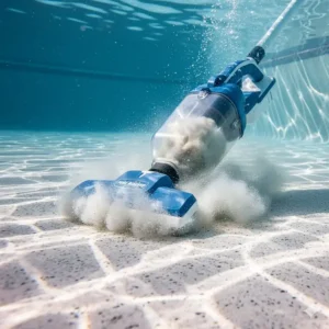 Underwater shot showing the strong suction of a Pool Blaster vacuum cleaning fine sediment from the pool floor.