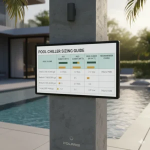 Comparison chart helping pool owners determine the correct size swimming pool chiller based on pool volume and climate.