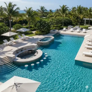 An aerial view showing the integrated design of a patio, pool deck, and swim-up bar with matching bar stools pool furniture.