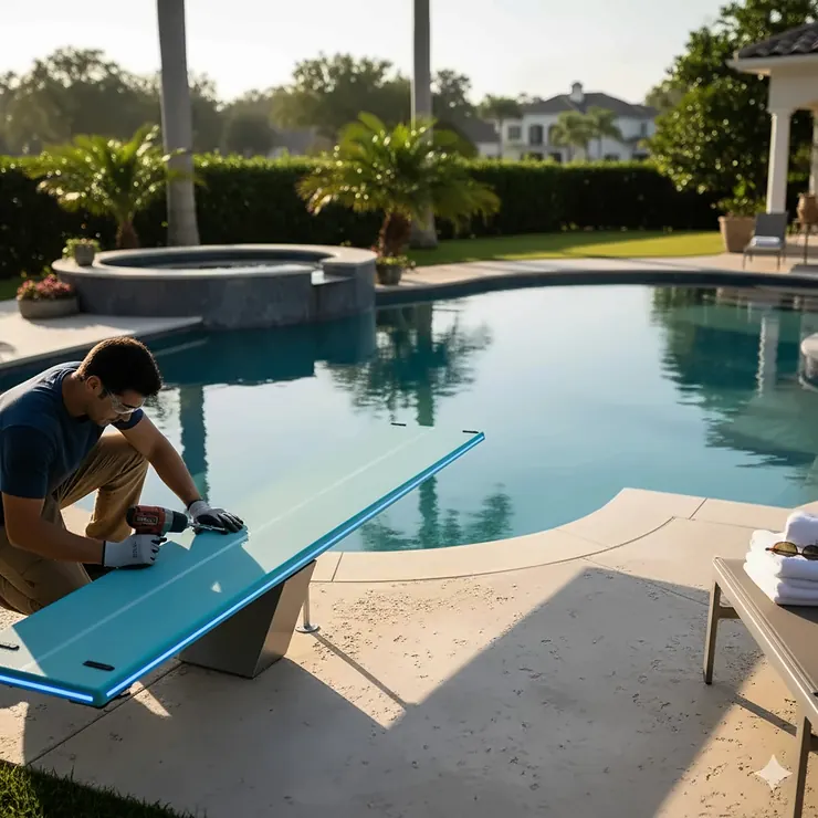 Professional installation of a blue fiber-optic diving board for a pool.