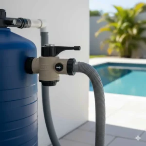 Image showing a pool filter with the valve set to the "recirculate" or "waste" position, which is necessary when using a flocculant to avoid clogging the filter.