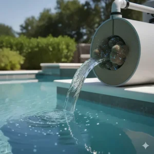 Illustration of a sand, DE, or cartridge filter working efficiently to remove debris after adding a pool clarifier.