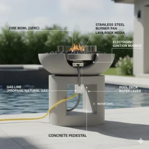 Technical diagram showing the easy gas line and mounting process for installing fire bowls for pools with an electronic ignition system.