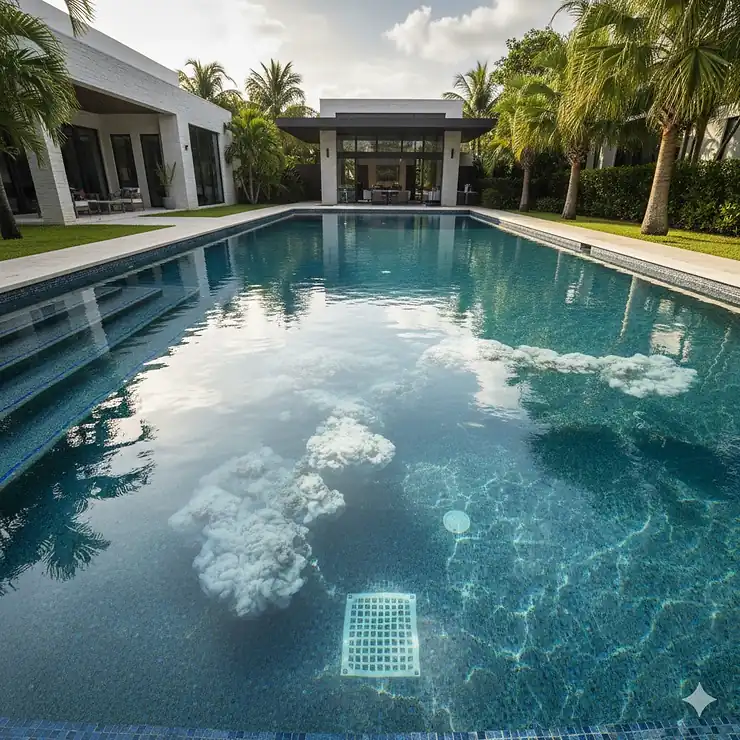 A wide-angle view of a backyard swimming pool with visibly cloudy water beginning to clear after the application of pool flocculant. The water appears much clearer near the edges.