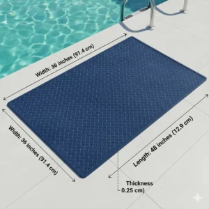 Graphic displaying the standard dimensions and shape of a typical pool ladder mat.