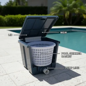 Diagram illustrating the essential parts of a pool skimmer, including the lid, weir, and the critical debris-catching pool skimmer basket.