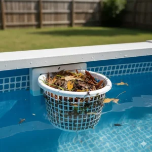 Close-up of an above ground pool skimmer basket full of floating debris like leaves and bugs, demonstrating the skimmer's function.