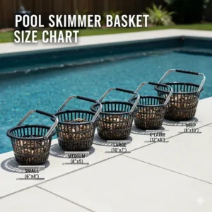 Chart showing the various dimensions and sizes of pool skimmer baskets to ensure a correct fit for an inground pool.