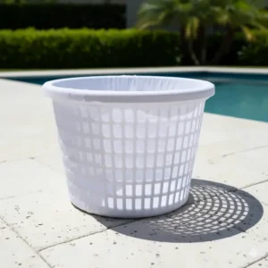 A pool skimmer basket fitted with a fine mesh skimmer sock, designed to capture extra fine dirt and particles.