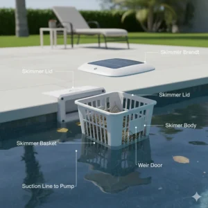 A labeled diagram detailing the essential internal components of a standard pool skimmer, including the basket, weir, and suction line.