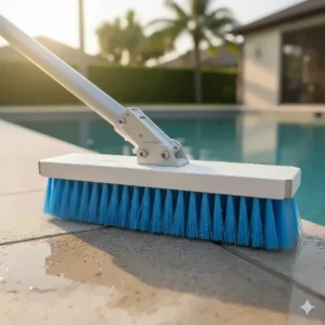 Diagram illustrating the features of a pool tile cleaning brush head, including the EZ clip and rigid aluminum back plate.