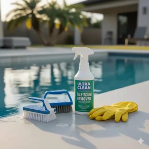 A selection of tools for effective pool tile scum removal, including a pumice stone, brush, and gloves.