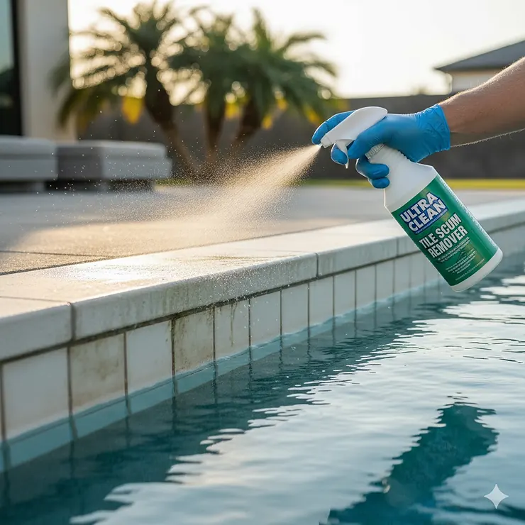Pool tile scum remover being applied to a line of tiles around a swimming pool, showing a clear before-and-after effect.