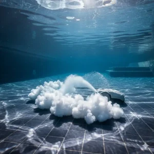 Image of a pool vacuum cleaning the large clumps of sediment and debris that have settled on the bottom of the pool after using flocculant.