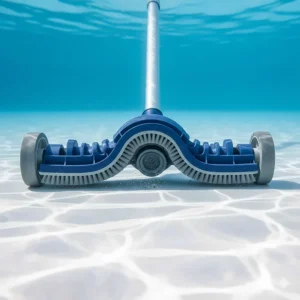 View of the underside of a standard pool vacuum head, highlighting the integrated brushes for scrubbing algae.