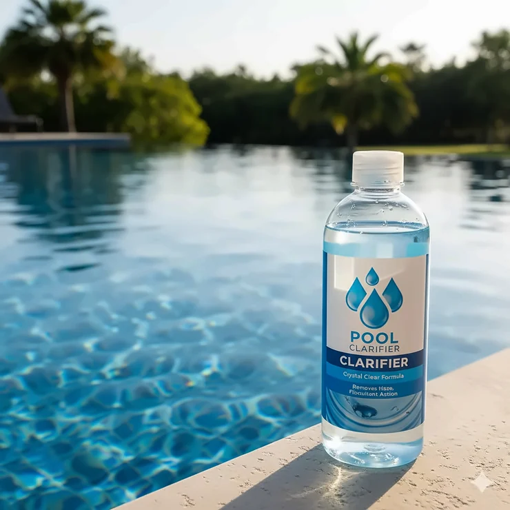 A bottle of clarifier for the pool next to a crystal-clear swimming pool, emphasizing improved water quality and clarity.